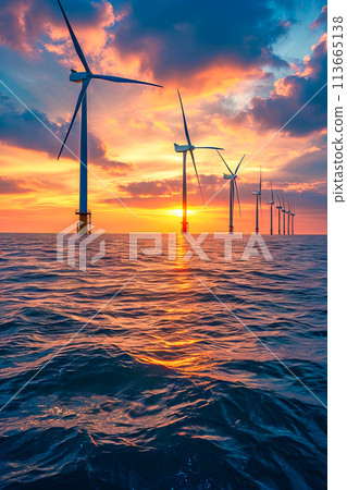 Windmills Floating in the Ocean at Sunset 113665138