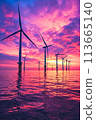 Offshore wind farm at beautiful dramatic sunset. 113665140