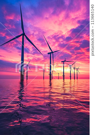Offshore wind farm at beautiful dramatic sunset. 113665140