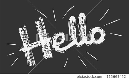 Hello scribble text vector illustration. Drawn message cartoon communication and speech element. Handwriting lettering isolated white banner decoration Hello scribble text vector illustration. Drawn message cartoon communication and speech element. Handwriting lettering isolated white banner decoration 113665432