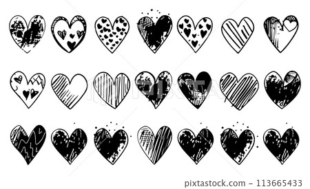 Doodle heart icon set, sketch love vector hand drawn shapes. Scribble collection cute abstract heart and drawing element black and white. Simple wedding shape Doodle heart icon set, sketch love vector hand drawn shapes. Scribble collection cute abstract heart and drawing element black and white. Simple wedding shape 113665433