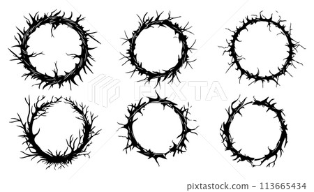 Thorn round frame set, vector gothic tattoo circle border black and white illustration. Vintage element decorative celtic and tribal. Indian mandala and ottoman shape curly and abstract Thorn round frame set, vector gothic tattoo circle border black and white illustration. Vintage element decorative celtic and tribal. Indian mandala and ottoman shape curly and abstract 113665434