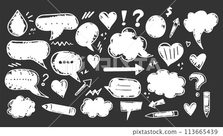 Speech bubble vector set, texture comic talk balloon doodle kit, hand drawn crayon cloud. Comic cloud bubble silhouette, empty dialog, outline conversation message illustration 113665439