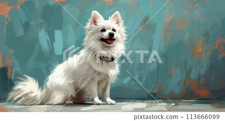 The white spitz gaze, full of wisdom, pierces through the tranquility of blue 113666099