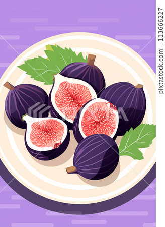 Poster with tasty figs on a plate and purple background. Frame art design, wall decoration for kitchen, cafe, dining room 113666227