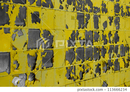 Yellow Old Peeling Bright Paint Abstract Vibrant Square Mosaic Pattern Glass Surface Texture Background Structure Dirty Obsolete 113666234
