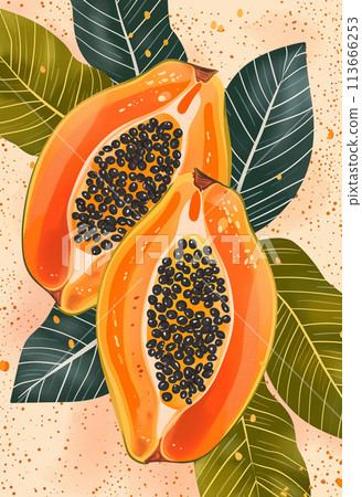 Poster with juicy papayas and tropical leaves on a pale pink background. Ai generated image 113666253