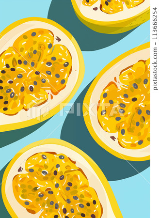 Poster with juicy passion fruits on a blue background. Ai generated image 113666254