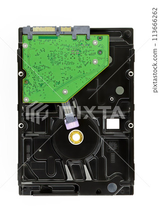 3.5 inch computer hard disk drive (HDD), bottom view, isolated on white background. 113666262