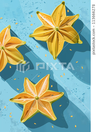 Poster with carambola, star fruit halves in vibrant modern background. Ai generated image 113666278
