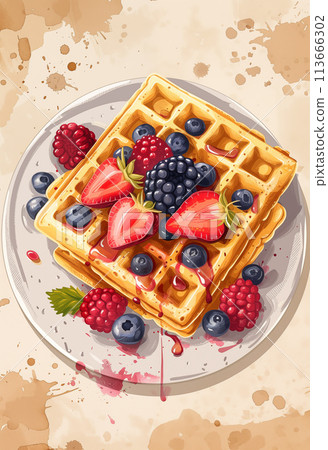 Poster with Belgium waffles and berries, breakfast concept. Ai generated image 113666302