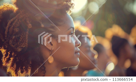 A woman with curly hair and earrings standing in a crowd, AI 113666554