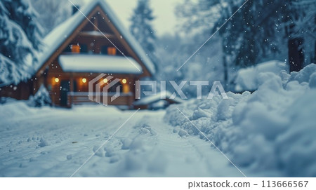 A snowy scene of a house in the snow with lights on, AI A snowy scene of a house in the snow with lights on, AI 113666567