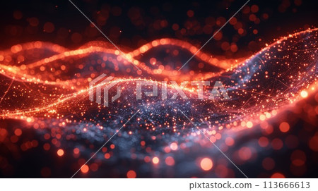 A glowing red and orange light wave with dots, AI 113666613