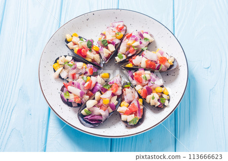 Traditional  Peruvian food background with mussels 113666623