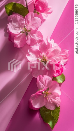 A pink flowers are on a table with green leaves, AI 113666676