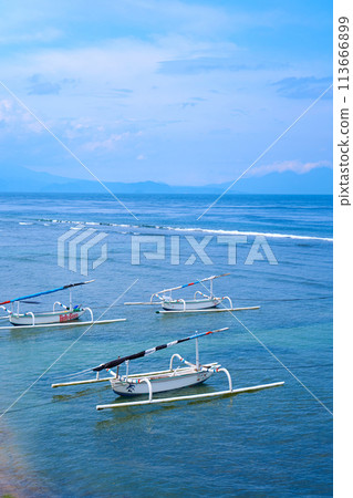 Traditional local colored fisherman's catamaran boats on the ocean shore on an island in Indonesia. 113666899