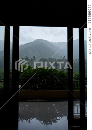 A tropical rainstorm in a rice field with cascading mountains and palm trees. 113666922