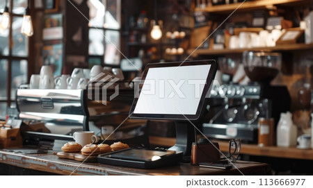 POS System in Cafe Setting, Barista Use Highlighted, AI Created 113666977