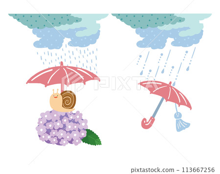 蝸牛、繡球花和 teruteru 和尚的雨和傘插圖集 113667256