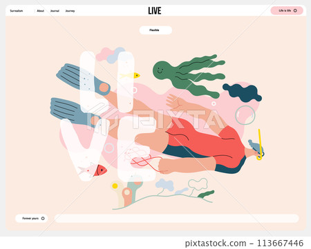 Life Unframed: Diver -modern flat vector concept illustration of a man swimming under the sea. Metaphor of unpredictability, imagination, whimsy, cycle of existence, play, growth and discovery 113667446