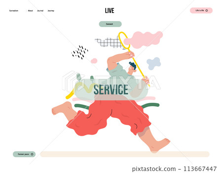 Life Unframed: Cloud catcher -modern flat vector concept illustration of running man with butterfly net. Metaphor of unpredictability, imagination, whimsy, cycle of existence, play, growth, discovery 113667447