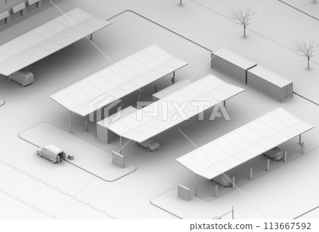 A clay rendering image of a charging station equipped with solar panels and a container-type energy storage system. A clay rendering image of a charging station equipped with solar panels and a container-type energy storage system. 113667592