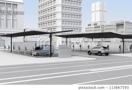 電動車充電站配備太陽能板和貨櫃式蓄電系統。儲能係統概念 113667593