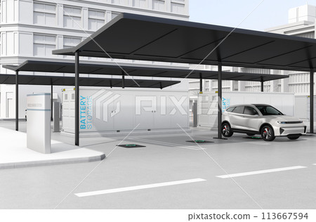 電動車充電站配備太陽能板和貨櫃式蓄電系統。儲能係統概念 113667594