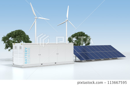 Illustration of solar panels, wind turbines and a container-type energy storage system. Energy storage system concept 113667595