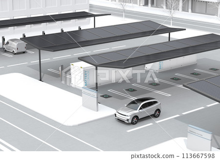 電動車充電站配備太陽能板和貨櫃式蓄電系統。儲能係統概念 電動車充電站配備太陽能板和貨櫃式蓄電系統。儲能係統概念 113667598