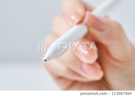 A woman's hand operating a stylus pen 113667984