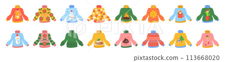 Christmas ugly sweater set with ridiculous design, DIY vibe. Stock vector illustration isolated on white background in flat hand drawn style. 113668020