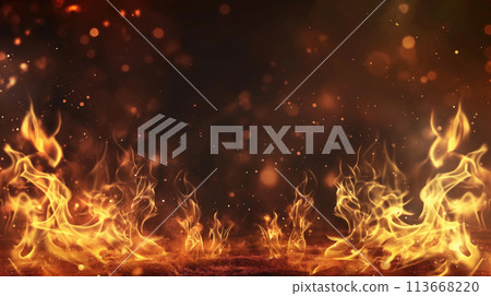 Inferno in the Night, Red Hot Flames Fiery Spectacle,  Large Fire with Flames Burning, Generative AI 113668220