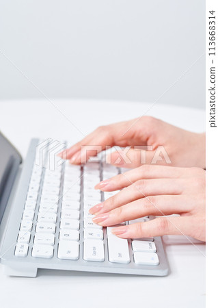 A woman's hands typing on a keyboard 113668314