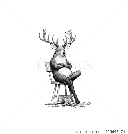Pencil drawing illustrations of forest animals with a human touch 113668474