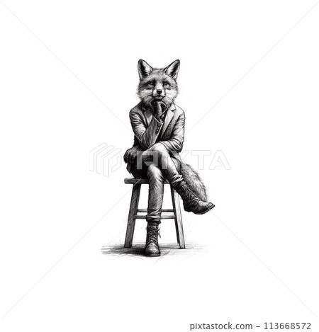 Pencil drawing illustrations of forest animals with a human touch 113668572