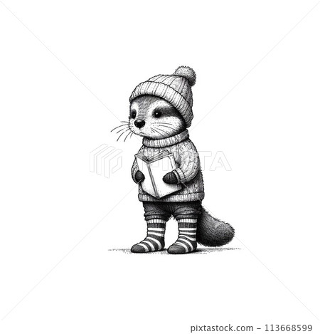 Pencil drawing illustrations of forest animals with a human touch 113668599