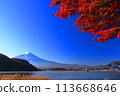 A view of Mt. Fuji shining against the blue sky with the autumn leaves of Lake Kawaguchi in the foreground 113668646