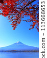 A view of Mt. Fuji shining against the blue sky with the autumn leaves of Lake Kawaguchi in the foreground 113668653