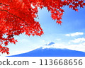 A view of Mt. Fuji shining against the blue sky with the autumn leaves of Lake Kawaguchi in the foreground 113668656