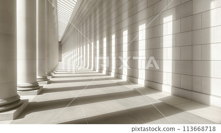 A Path of Light, Sunlight and Shadows in a White Long Corridor with Columns, Generative AI 113668718