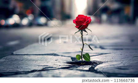 Blossoming in the City, Red Rose Growing Out of Concrete Pavement on City Street, Generative AI 113668736