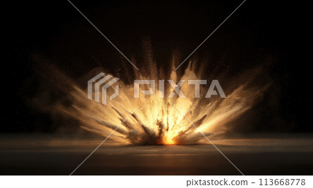 Fiery Fury, Explosion with Flames and Flying Explosive Particles on Dark Background, Generative AI 113668778
