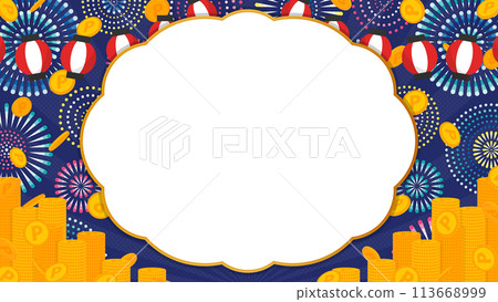 Fireworks, lanterns, and point coin frame and background material (landscape 16:9) 113668999