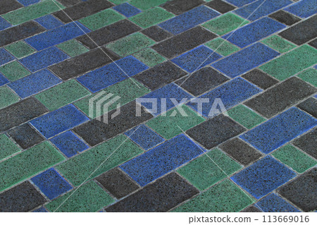 Green Blue Black Color Stone Tiles Mosaic Floor Street Surface Road Texture Background Pattern Urban 113669016