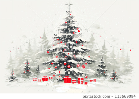 Snow covered Christmas tree and gift boxes 113669094