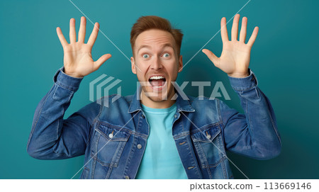 In the Face of Fear, Scared Young Man with his Hands Raised Up, Fearful Gesture, Generative AI 113669146