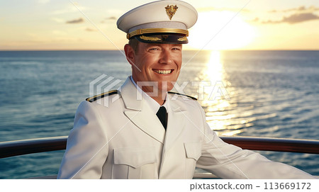 Navigating the Open Sea, Captain in Uniform Standing on Ship Deck in the Open Sea, Generative AI 113669172