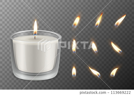 Vector 3D Realistic Paraffin Wax Burning Party Spa Candle and Burning Flame Set Closeup Isolated. Candle, Candle Flame Design Template for Relaxation, Wellness, and Celebration Concept, Front View 113669222